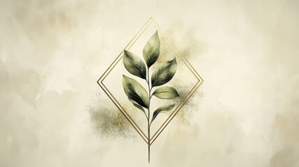 Geometric leaf illustration with watercolor diamond design on beige background