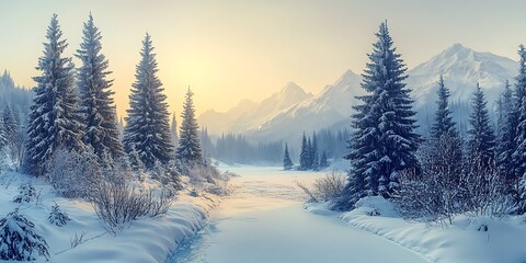 Fototapeta premium A snow-covered landscape with tall evergreen trees, a frozen river, and distant mountains under a pale winter sky.