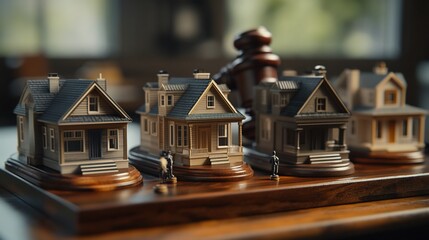 Miniature houses displayed on a wooden base with a gavel in a legal setting.