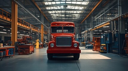 Fototapeta premium Vintage Red Truck in Brightly Lit Industrial Warehouse Interior