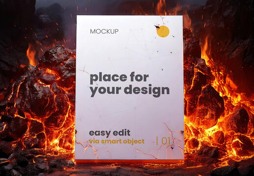 Stand Vertical Poster Page Sign Mockup On a Volcanic Fire Place Burning Heat