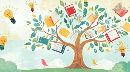 The Tree of Knowledge: A whimsical illustration depicting a tree laden with books and lightbulbs, symbolizing the growth of ideas and learning.
