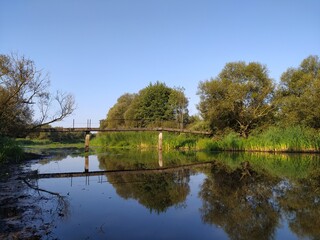 Fototapeta premium Wooden bridge over the river in the park on a sunny day