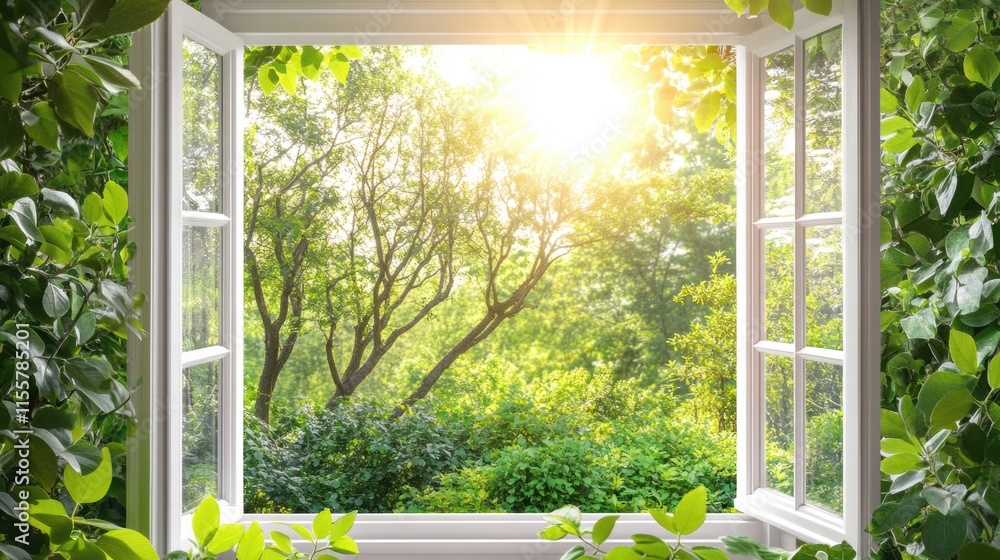 Aufkleber bright garden view from a window with sun shining through green foliage in a tranquil outdoor settin