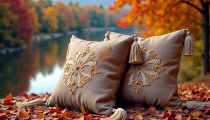 Luxury Embroidered Pillows Against Autumn Landscape