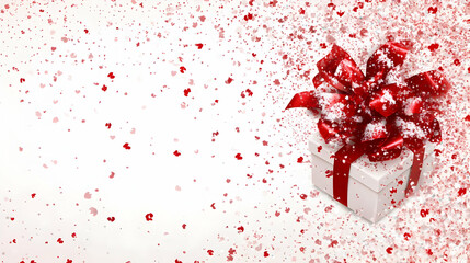 Snowy gift box with red ribbon and confetti, for Christmas or holiday mockup or greeting card