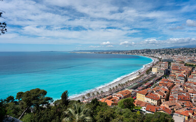 Nice, France - May 03, 2024: Stunning Panoramic View of Nice Coastline with Azure Mediterranean Waters and Beach Promenade