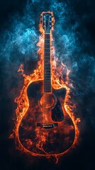 Guitar on fire background. Acoustic guitar in flames.