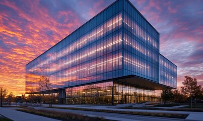 Obraz premium Modern glass building reflecting a colorful sunset, showcasing contemporary architecture.