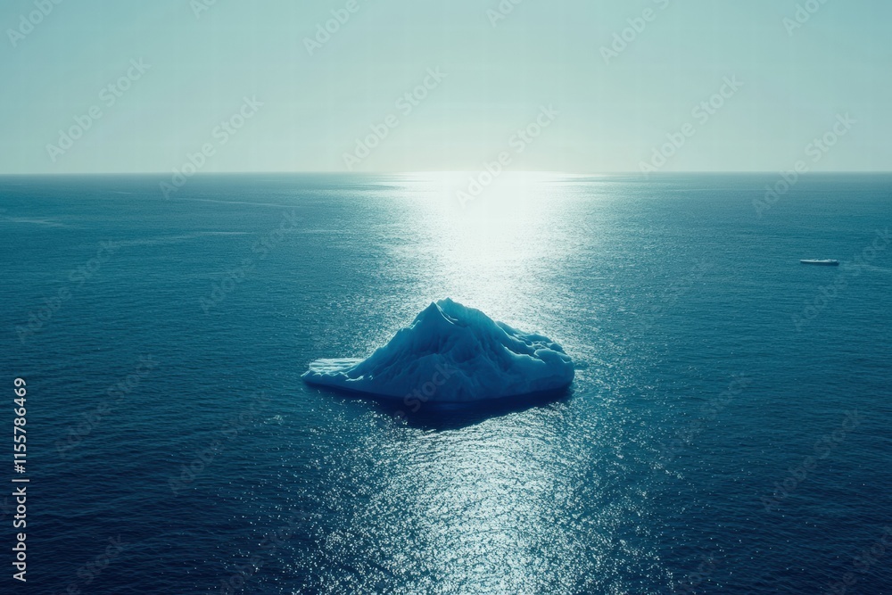Aufkleber melting iceberg floating in expansive blue ocean under bright sunlight reflecting on water surface. 