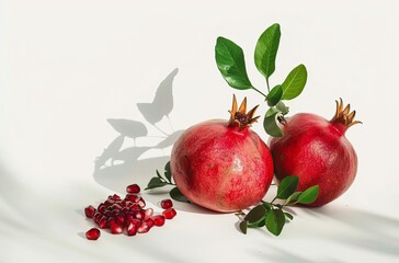 Pomegranate with leaves and seeds isolated on a white background, in a flat lay. With a clipping path. Full depth of field. The concept for health care advertising or the pomegranate fruit on a branch