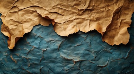 Fototapeta premium Crumpled brown paper on textured blue background.