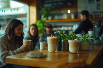 Friends enjoying refreshing organic smoothies in a cozy cafe setting during a sunny afternoon