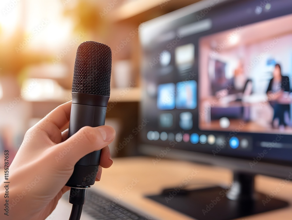 Poster person holding microphone in front of screen with blurred image of business meeting, representing re