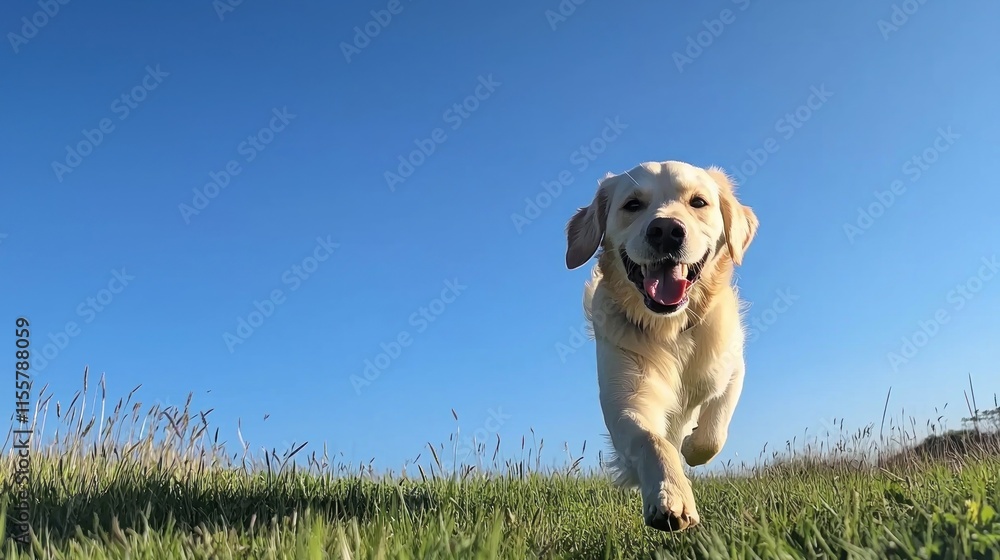 Canvas Prints a labrador retriever dog of a joyful golden retriever running towards the viewer in a grassy field w