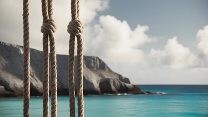 Fototapeta premium Coastal Serenity: Knotted ropes against a breathtaking turquoise ocean and cloudy sky, evoking tranquility.