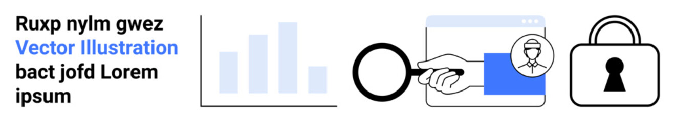 Bar graph, magnifying glass with hand, webpage with hourglass, padlock. Ideal for data analysis, research, security, privacy web development time management information technology. Landing page © robu_s