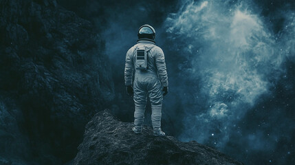 Fototapeta premium Astronaut cosmonaut or spaceman in outer space illustration. astronomy science fantasy journey to discovery.