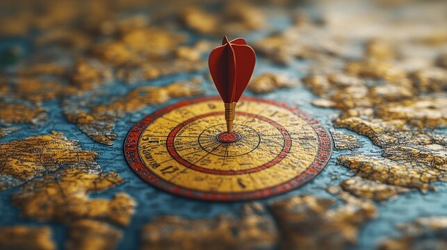 Dart hitting bullseye on antique world map puzzle.