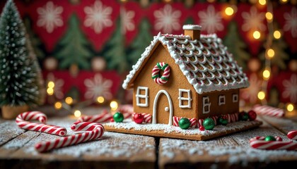 Gingerbread House with Candy Canes and Twinkling Lights