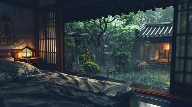 Cozy Bedroom Overlooking Rainy Garden
