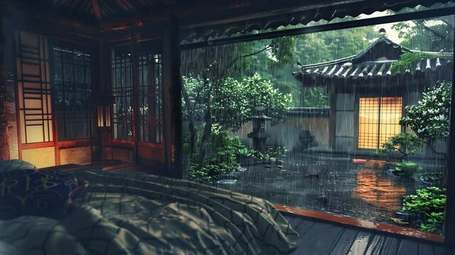 Cozy Bedroom Overlooking Rainy Garden
