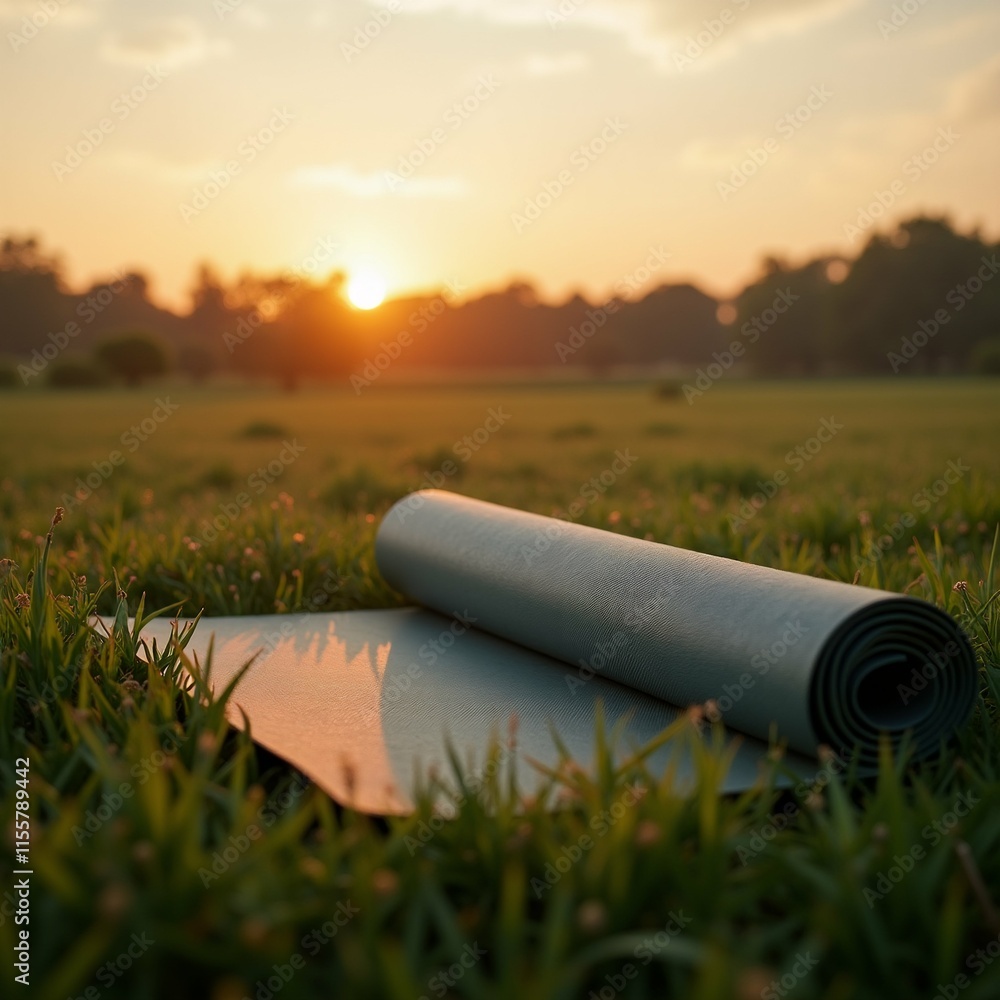 Poster the image shows a rolled up yoga mat lying on a grassy field. the mat is grey in color and appears t