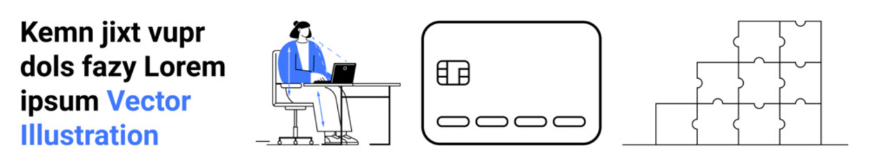 Business professional seated at desk using laptop, abstract credit card outline in center, puzzle pieces stacking on right. Ideal for project planning, organization, financial management, teamwork