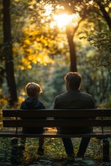 Grandparent and child enjoying a peaceful moment in a sunlit forest during early morning hours