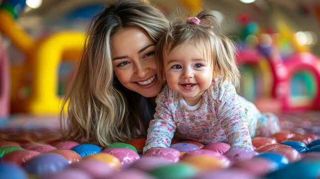 Smiling mother and daughter enjoying playtime at an indoor activity center on a sunny day