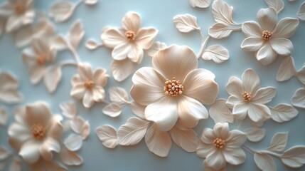 Delicate, pastel-colored, 3D floral relief artwork on a light blue background.