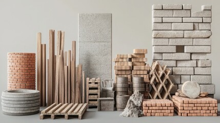 Building materials for construction including bricks, cement, and wood