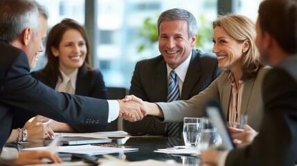 Business consultant shaking hands with clients at a meeting, symbolizing a successful partnership agreement