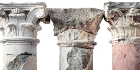 Ancient roman corinthian columns with weathered stone capitals isolated on transparent background