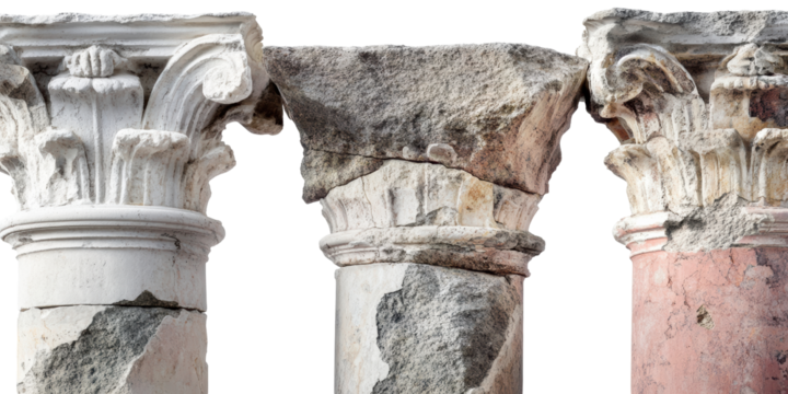 Ancient roman corinthian columns with weathered stone capitals isolated on transparent background