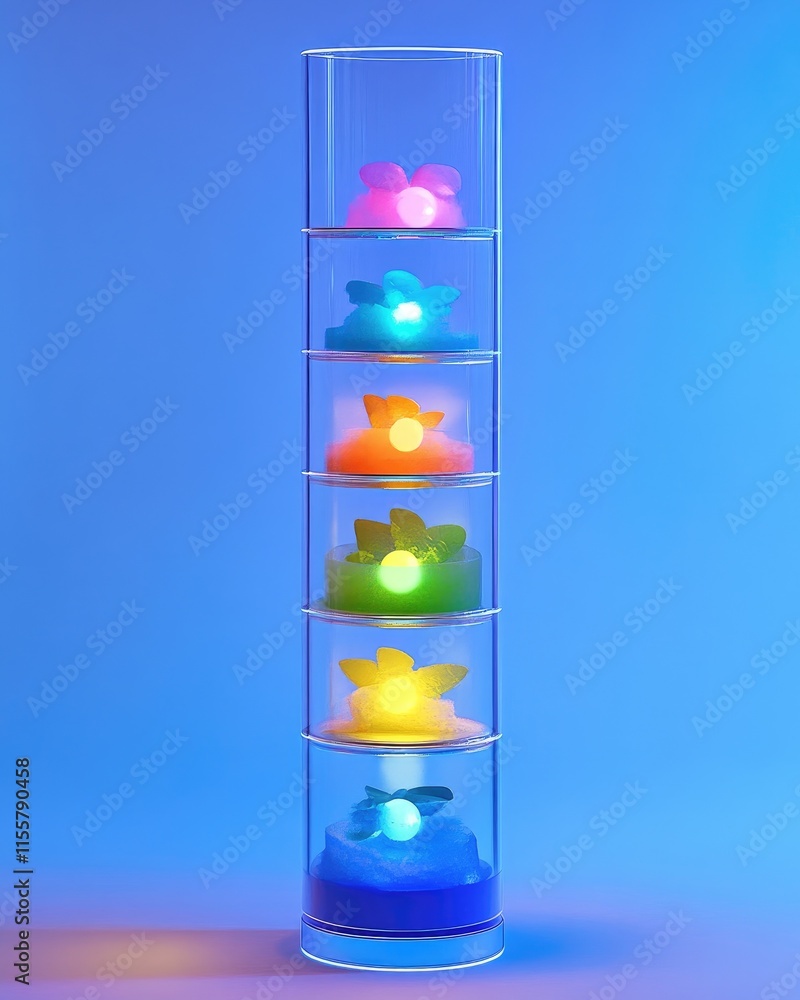 Poster a colorful stack of illuminated flower-like shapes in a transparent display.