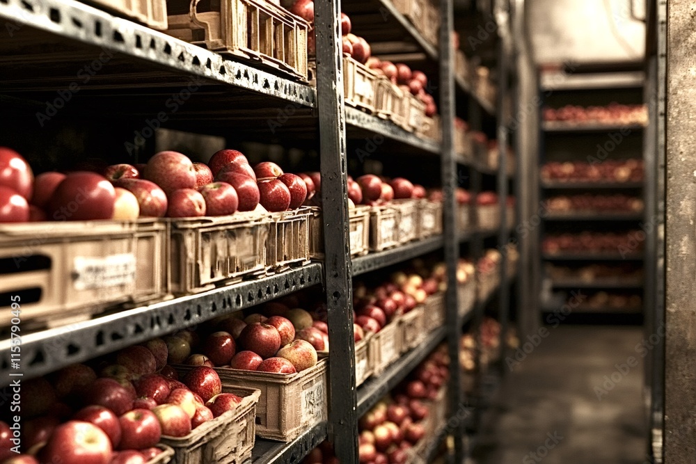 Poster ripe red apples arranged neatly in wooden crates, stacked on shelves in a warehouse, preserving fres