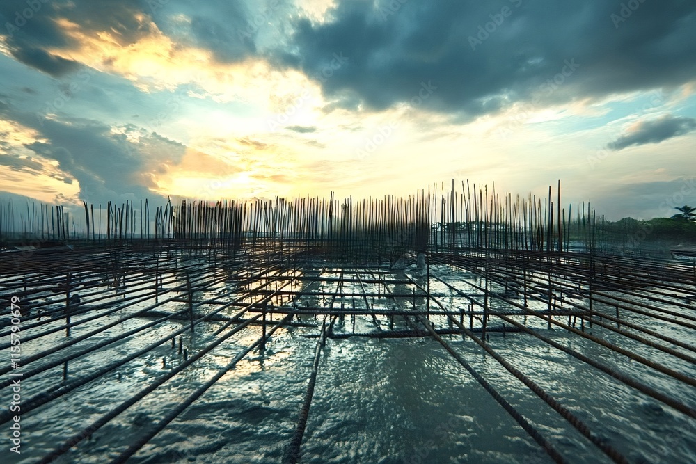 Poster metal reinforcing bars and rods creating a grid structure for a building foundation under constructi