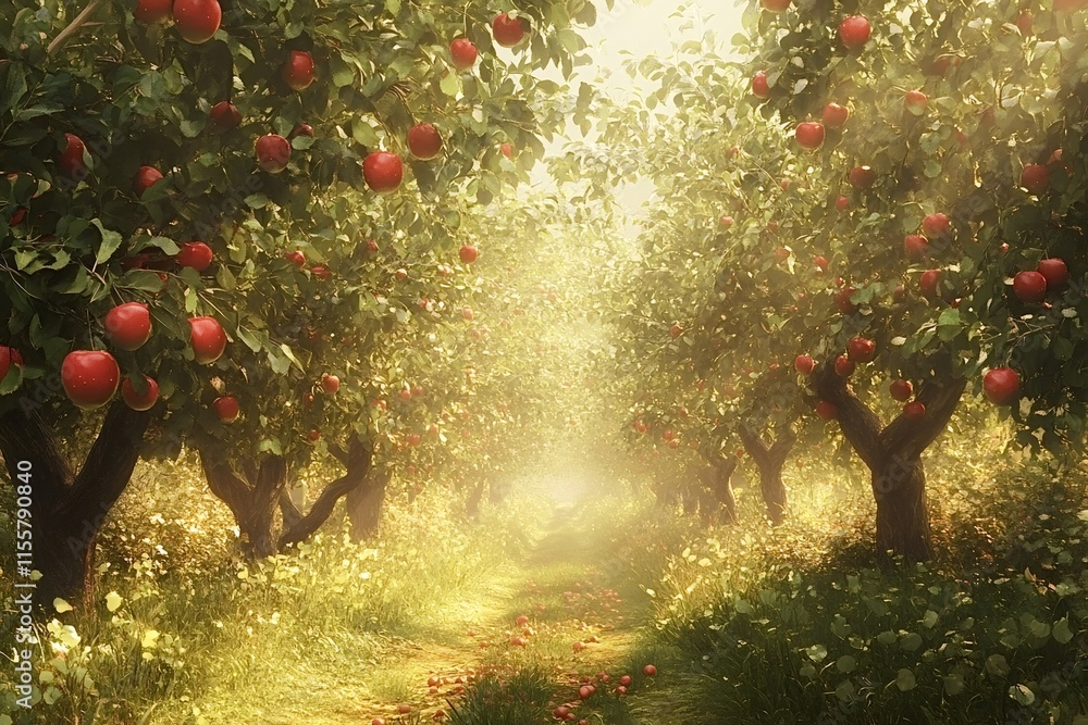 Poster ripe red apples hanging from branches of apple trees, growing in neat rows within an orchard, create