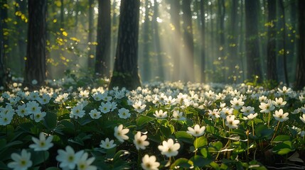 Obraz premium Spring forest with blooming wildflowers