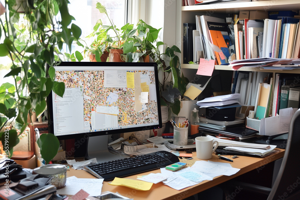 Poster cluttered desk with a computer monitor and a potted plant. the desk is covered in papers and books, 