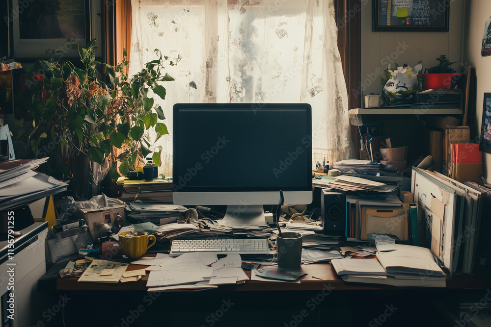 Poster cluttered desk with a computer monitor and a potted plant. the desk is covered in papers and books, 