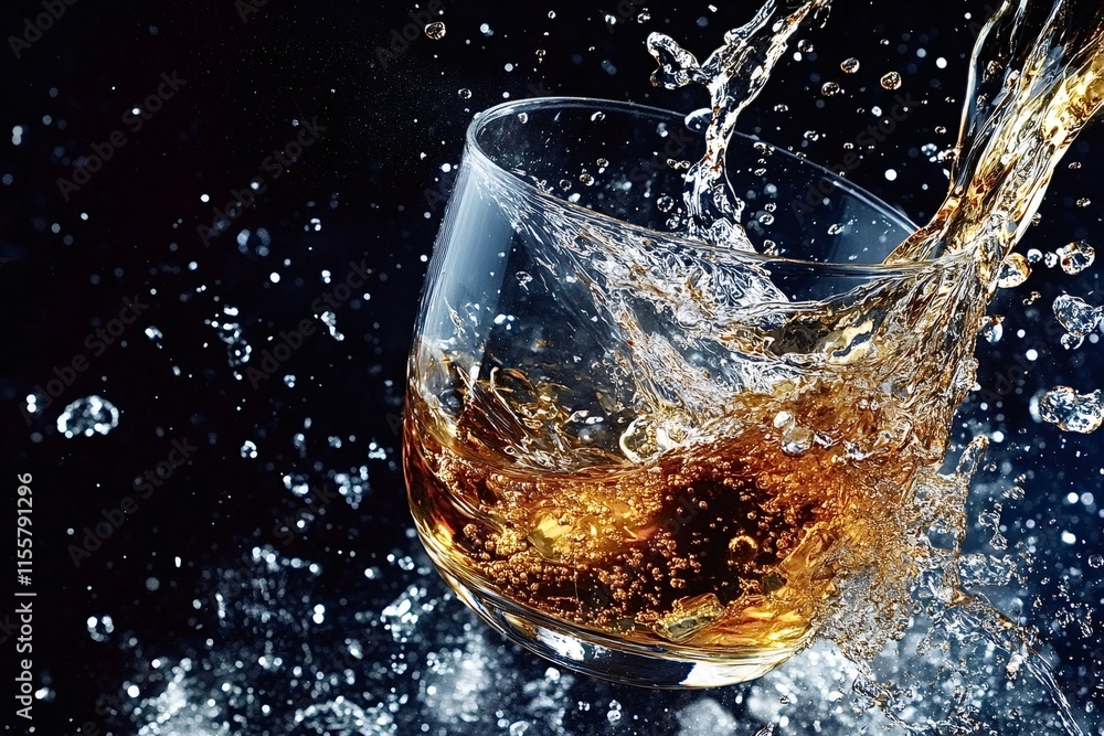 Poster whiskey splashing from a glass against a black background creates a dynamic scene filled with drople