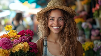 Smiling woman holds vibrant flower bouquet at a bustling market during the daytime
