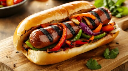 Grilled Dog with Peppers and Onions in a Bun
