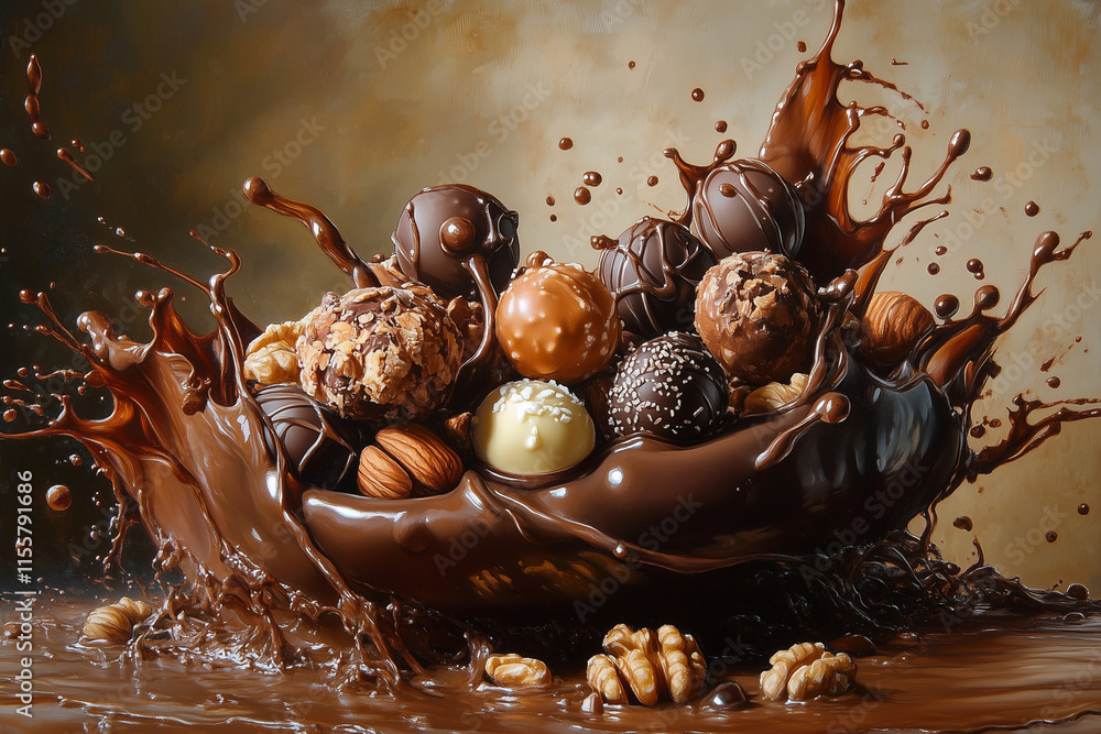 Poster chocolate explosion with nuts and chocolate chips. scene is playful and fun. the idea behind the ima