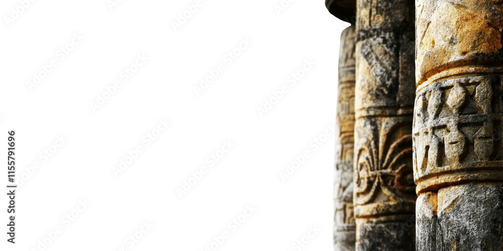 Poster ancient stone columns with intricate carvings isolated on transparent background