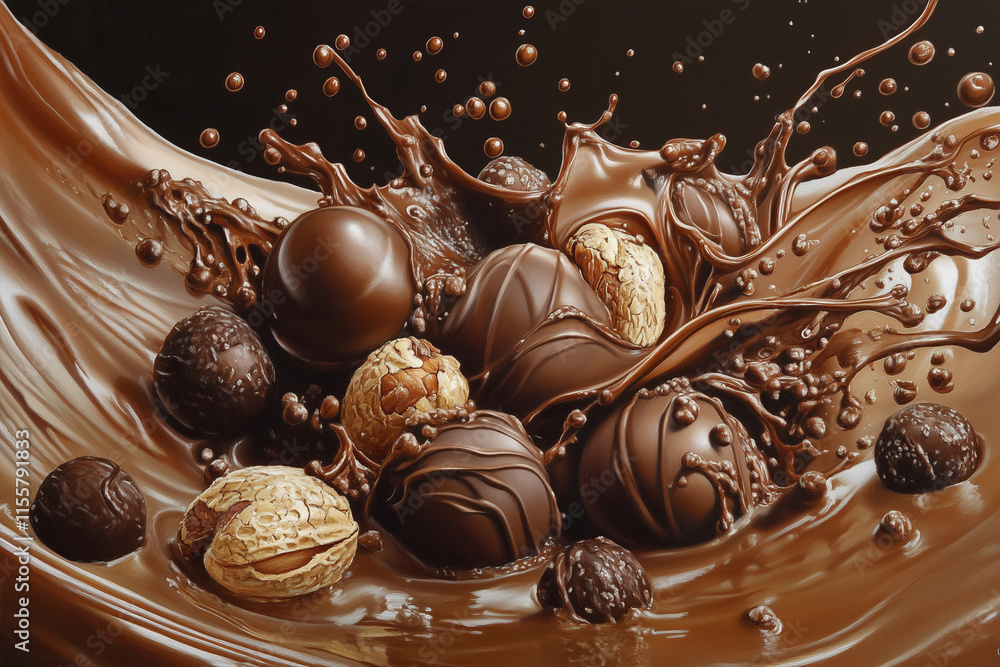 Poster chocolate fountain with many different types of chocolate and nuts. the chocolate is flowing out of 