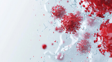 Spherical red viruses suspended in liquid droplets, showcasing intricate surface textures and dynamic movement in a biomedical context