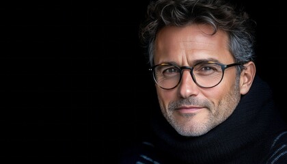 Obraz premium Man with curly hair and glasses smiles confidently while dressed in a black scarf